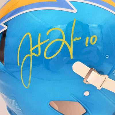 Justin Herbert Autographed Los Angeles Chargers Flash Blue Full Size Authentic Speed Helmet Beckett BAS COA